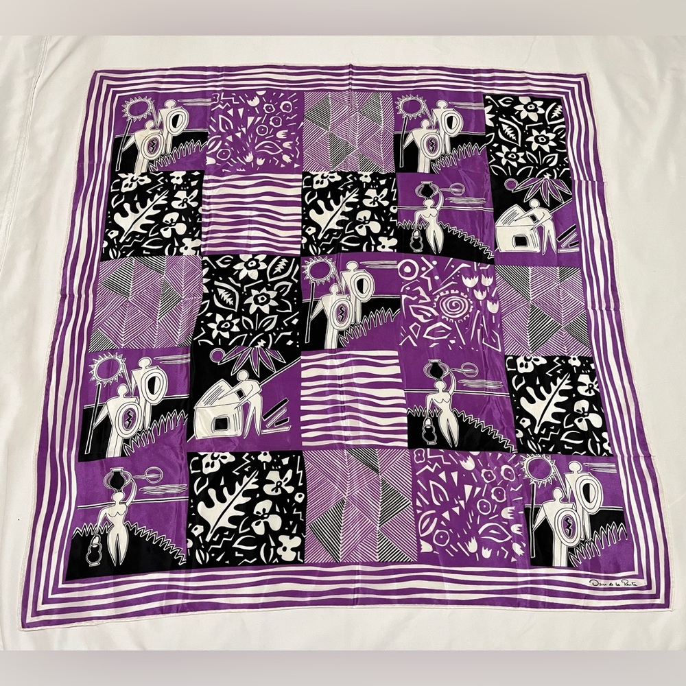 Vintage Oscar de la Renta 100% Silk Scarf Purple white Native floral Indigenous